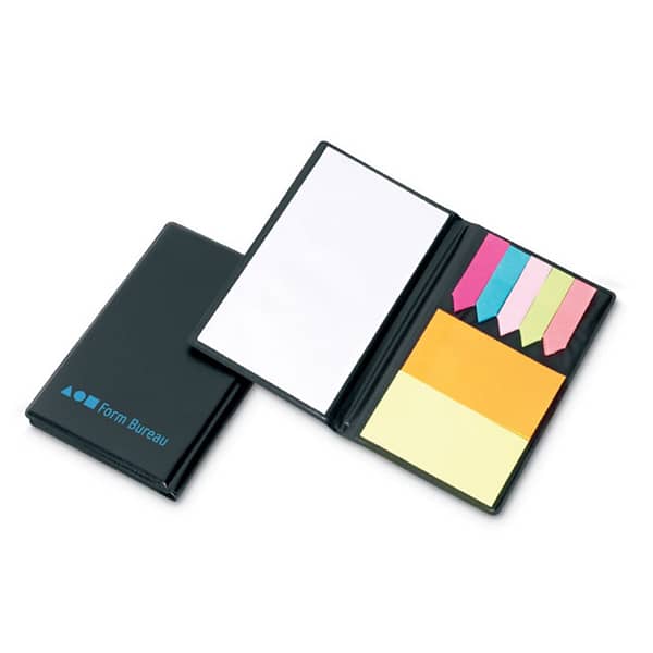 Memo pad with logo MEMOFF 4 pieces Sticky notes with logo. Large notepad. 2 colour medium note pads and 5 assorted colors page markers. Depending on the surface we can use embroidery, engraving, 360° imprint or screen print.