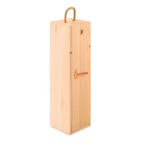 Wine accessoire with logo Wooden crate VINBOX Wine box in Paulownia wood with cord handle. Available color: Wood Dimensions: 9.5X9.5X34.5CM Width: 9.5 cm Length: 9.5 cm Height: 34.5 cm Volume: 3.723 cdm3 Gross Weight: 0.334 kg Net Weight: 0.287 kg Magnus Business Gifts is your partner for merchandising, gadgets or unique business gifts since 1967. Certified with Ecovadis gold!