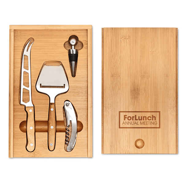 Wine accessoire with logo set WINE&CHEESE Bamboo cheese and wine set. Presented in bamboo box. Includes a stainless steel-knife, cheese peeler, bottle opener and wine stopper. Available color: Wood Dimensions: 29X20X3,6 CM Width: 20 cm Length: 29 cm Height: 3.6 cm Volume: 3.1 cdm3 Gross Weight: 1.324 kg Net Weight: 1.241 kg Magnus Business Gifts is your partner for merchandising, gadgets or unique business gifts since 1967. Certified with Ecovadis gold!