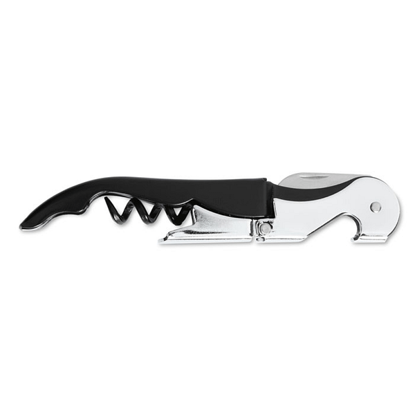 Wine accessoire with logo Bottle opener LUCY Stainless steel original waiterÂ´s knife with double cork stand. Available color: Matt Silver, Black Dimensions: 12X1,5X1CM Width: 1.5 cm Length: 12 cm Height: 1 cm Volume: 0.074 cdm3 Gross Weight: 0.054 kg Net Weight: 0.047 kg Magnus Business Gifts is your partner for merchandising, gadgets or unique business gifts since 1967. Certified with Ecovadis gold!