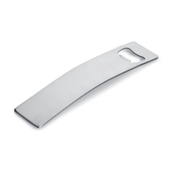 Gadget with logo Bottle opener BARRY Elegant and curved bottle opener in robust stainless steel. Available color: Matt Silver Dimensions: 16,5X3,6X1 CM Width: 3.6 cm Length: 16.5 cm Height: 1 cm Volume: 0.148 cdm3 Gross Weight: 0.098 kg Net Weight: 0.085 kg Magnus Business Gifts is your partner for merchandising, gadgets or unique business gifts since 1967. Certified with Ecovadis gold!
