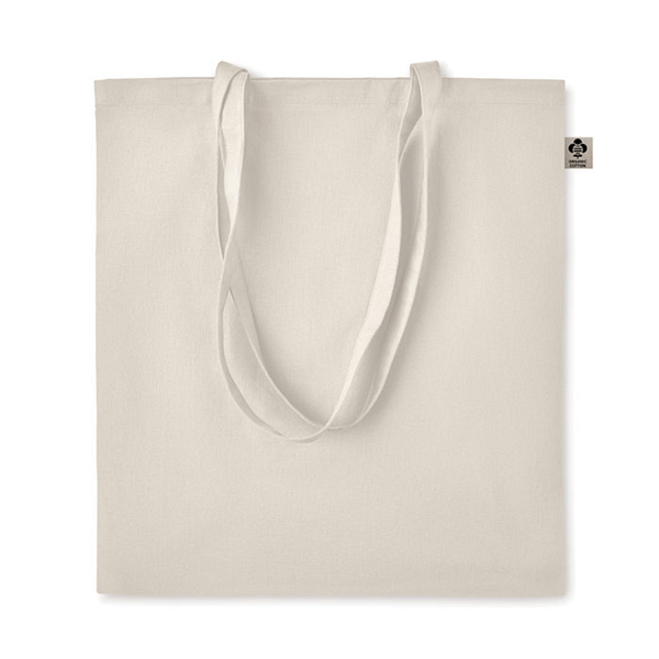Gadget with logo Bag ZIMDE Certified organic cotton shopping bag with logo with long handles. Made from 100% natural organic cotton 140 gr/mÂ². A classic tote bag design made to carry your daily groceries or other items. Carry the bag in your hands or over your shoulder with the long handles. Available color: Beige Dimensions: 38X42 CM Width: 42 cm Length: 38 cm Volume: 0.296 cdm3 Gross Weight: 0.072 kg Net Weight: 0.065 kg Magnus Business Gifts is your partner for merchandising, gadgets or unique business gifts since 1967. Certified with Ecovadis gold!