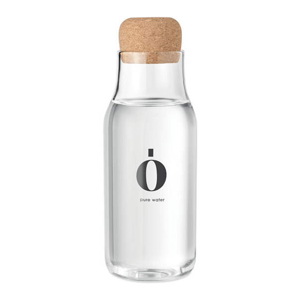 Water bottle with logo OSNA Small Borosilicate glass bottle with logo with cork lid. Capacity: 600 ml. Store your fresh made juices,water or other drinks in this glass bottle. Because it is made fromborosilicate glass, it can also hold hot liquids. The cork lid gives thedecanter a natural look. Laser engraving is notpossible on borosilicate glass. Available color: Transparent Dimensions: Ã˜7X21.5CM Height: 21.5 cm Diameter: 7 cm Volume: 2.12 cdm3 Gross Weight: 0.3 kg Net Weight: 0.204 kg Magnus Business Gifts is your partner for merchandising, gadgets or unique business gifts since 1967. Certified with Ecovadis gold!