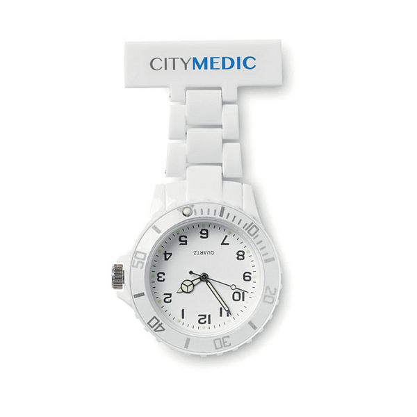Gadget with logo Watch NURWATCH Analogue nurses watch with logo. Includes 1 cell battery. Available color: White Dimensions: Ã˜4X8X1,2 CM Width: 1.2 cm Height: 8 cm Diameter: 4 cm Volume: 0.142 cdm3 Gross Weight: 0.028 kg Net Weight: 0.022 kg Magnus Business Gifts is your partner for merchandising, gadgets or unique business gifts since 1967. Certified with Ecovadis gold!
