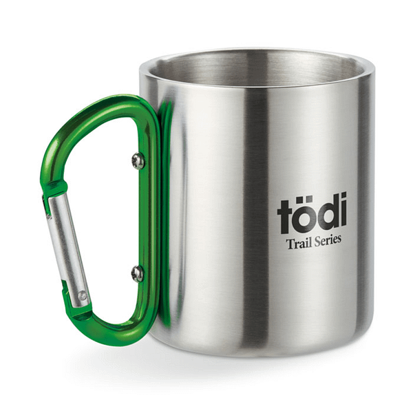 Mug with logo TRUMBO Double wall stainless steel mug with logo, with carabiner handle. Capacity: 220 ml. Available color: Green, Blue, Red, Black, Matt Silver Dimensions: Ã˜6,5X7,5 CM Height: 7.5 cm Diameter: 6.5 cm Volume: 0.829 cdm3 Gross Weight: 0.148 kg Net Weight: 0.102 kg Magnus Business Gifts is your partner for merchandising, gadgets or unique business gifts since 1967. Certified with Ecovadis gold!