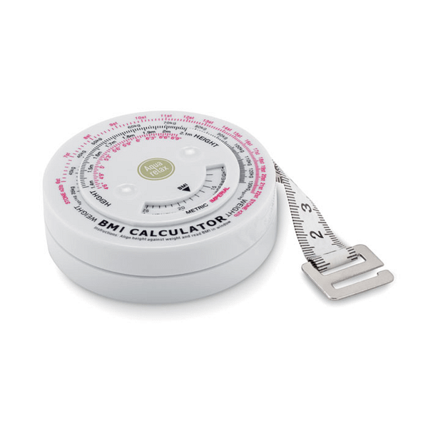 Gadget with logo Measuring tape MEASURE IT BMI measuring tape with logo in ABS. Available color: White Dimensions: Ã˜7X2CM Height: 2 cm Diameter: 7 cm Volume: 0.21 cdm3 Gross Weight: 0.062 kg Net Weight: 0.055 kg Magnus Business Gifts is your partner for merchandising, gadgets or unique business gifts since 1967. Certified with Ecovadis gold!