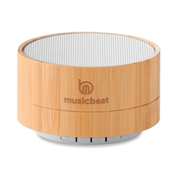 Gadget with logo Speaker SOUND BAMBOO 4.2 wireless speaker in ABS with bamboo casing. 1 rechargeable Li-on 450mAh battery and light at the bottom of the speaker. Output data: 3W, 4 Ohm and 5V. Micro USB cable included. Playing time aprox. 3h. Bamboo is a natural product, there may be slight variations in colour and size per item, which can affect the final decoration outcome. Available color: White, Black Dimensions: Ã˜7X4,3 CM Height: 4.3 cm Diameter: 7 cm Volume: 0.496 cdm3 Gross Weight: 0.152 kg Net Weight: 0.125 kg Magnus Business Gifts is your partner for merchandising, gadgets or unique business gifts since 1967. Certified with Ecovadis gold!