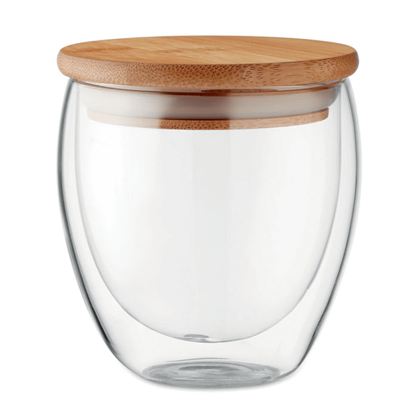 Mug with logo TIRANA SMALL Double wall high borosilicate glass with bamboo lid with silicone ring. Capacity 250 ml. Bamboo is a natural product, there may be slight variations in colour and size per item, which can affect the final decoration outcome. Magnus Business Gifts is your partner for merchandising, gadgets or unique business gifts since 1967. Certified with Ecovadis gold!