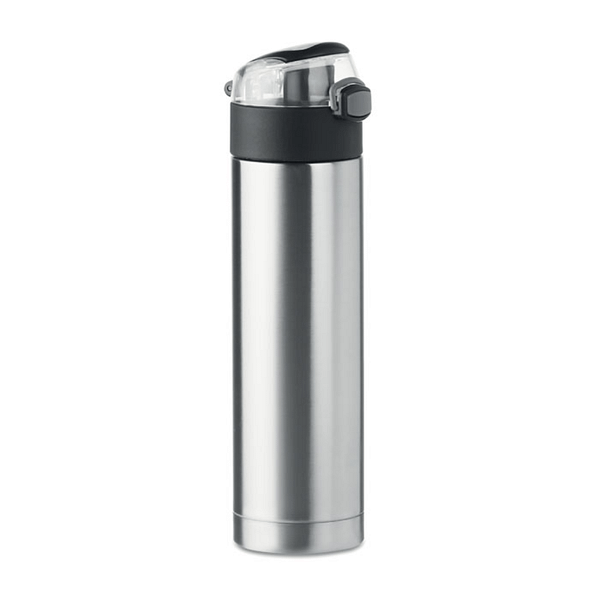 Water bottle with logo NUUK LUX Double wall drinking bottle in stainless steel with security lock on the lid and press-to-open option. It has an easy carry foldable grip. Capacity: 400 ml. Leak free. Available color: Matt Silver Dimensions: 6X24.5CM Width: 24.5 cm Length: 6 cm Volume: 1.499 cdm3 Gross Weight: 0.32 kg Net Weight: 0.28 kg Magnus Business Gifts is your partner for merchandising, gadgets or unique business gifts since 1967. Certified with Ecovadis gold!