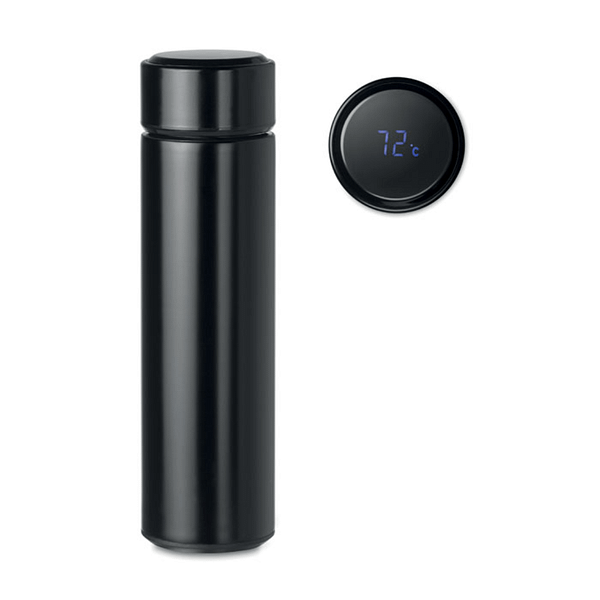 Water bottle with logo POLE Double wall stainless steel insulating vacuum bottle. It has an LED touch thermometer incorporated in to the top of the lid and tea infuserinside. 1 rechargeable CR 2450 battery included. Capacity:450 ml. Leak free. Available color: Matt Silver, Black Dimensions: Ã˜6X23CM Height: 23 cm Diameter: 6 cm Volume: 1.415 cdm3 Gross Weight: 0.32 kg Net Weight: 0.267 kg Magnus Business Gifts is your partner for merchandising, gadgets or unique business gifts since 1967. Certified with Ecovadis gold!