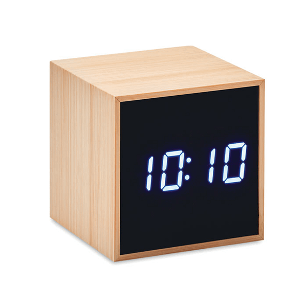 Gadget with logo Alarm clock MARA CLOCK White LED time display alarm clock and temperature display in bamboo casing 4 x AAA batteries not supplied or AC-DC 2 pin plug adapter included. Not suitable for UK use. Bamboo is a natural product, theremay be slight variations in colour and size per item, which can affect the final decoration outcome. Available color: Wood Dimensions: 6X6X6 CM Width: 6 cm Length: 6 cm Height: 6 cm Volume: 1.125 cdm3 Gross Weight: 0.219 kg Net Weight: 0.143 kg Magnus Business Gifts is your partner for merchandising, gadgets or unique business gifts since 1967. Certified with Ecovadis gold!