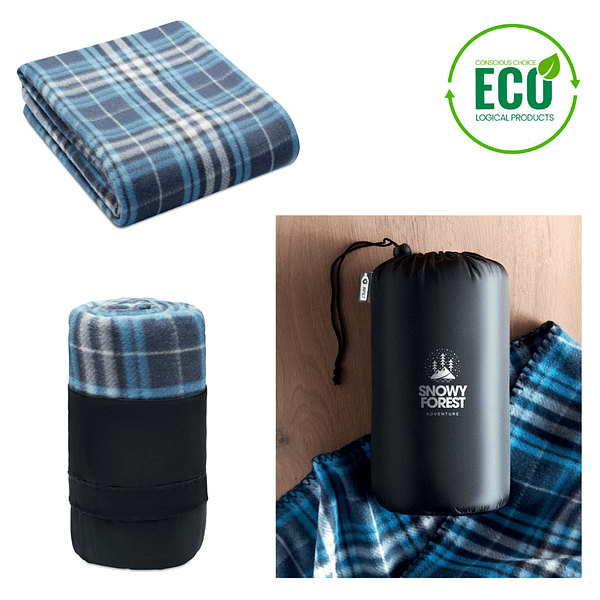 Gadget with logo Plaid blanket DINARA RPET Gadget with logo Fleece blanket with squared pattern in RPET with in RPET polyester travel pouch. 180 gr/m² fleece. Available colors: Blue, Red, Grey Dimensions: 120X150 CM Width: 150 cm Length: 120 cm Volume: 4.27 cdm3 Gross Weight: 0.427 kg Net Weight: 0.348 kg Depending on the surface we can use embroidery, engraving, 360° imprint or screen print.
