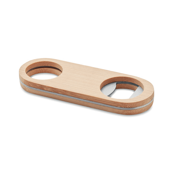 Gadget with logo Bottle opener VALBAMPER Stainless steel speed bottle opener with bamboo surface. Bamboo is a natural product, there may be slight variations in colour and size per item, which can affect the final decoration outcome. Magnus Business Gifts is your partner for merchandising, gadgets or unique business gifts since 1967. Certified with Ecovadis gold!