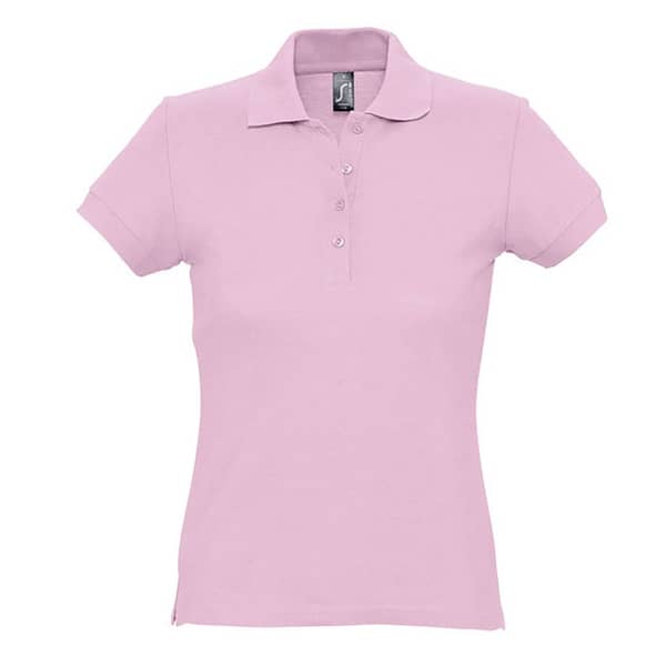 Polo shirt with logo PASSION Women Polo shirt with logo very affordable. Wide range of colors. Stylish female cut with 4 tone-on-tone buttons, ribbed collar and cuffs, reinforced neck seam. Straight at the hem with side slits, fitted cut with sewn side seams, spare button on the inside. Fabric details: 170g/m² in 100% combed ring spun cotton. OEKO-TEX.  Depending on the surface we can use embroidery, engraving, 360° imprint or screen print.