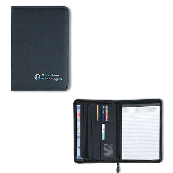 Portfolio with logo PRIME A4 A4 Portfolio logo conference folder. 600D polyester and 210T lining. Zipped. A4 20 lined sheets notepad. 4 compartments. Card holder. Depending on the surface we can use embroidery, engraving, 360° imprint or screen print.