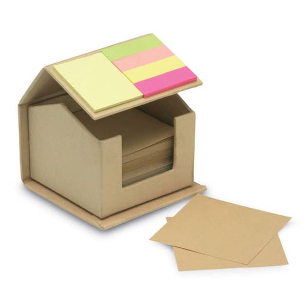 Sticky notes with logo RECYCLOPAD Sticky notes with logo house-shaped recycled cardboard memo note dispenser. 300 recycled sheets memo block. 2 piece sticky note memo pad. Medium yellow sticky notes pads and 4 assorted colors page markers. Depending on the surface we can use embroidery, engraving, 360° imprint or screen print.