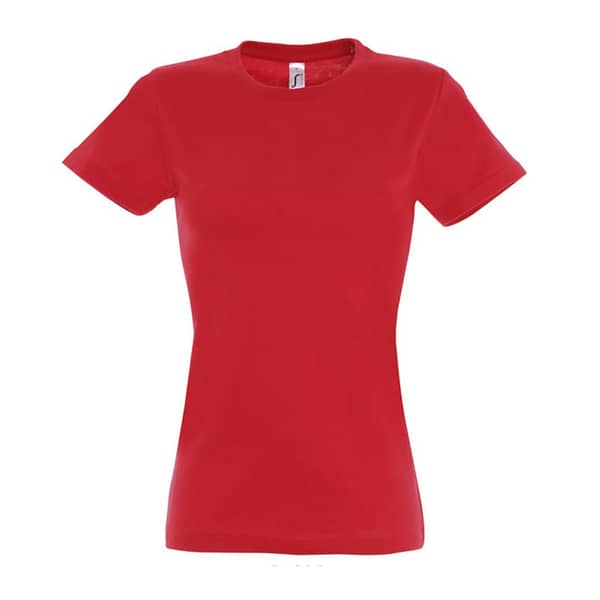T-shirt with logo IMPERIAL women Women's heavy t-shirt with logo in 190g/m². Quality t-shirt, 42 colors, 9 sizes, women's and children's models. Reinforced neck seam, ribbed collar with elastane, fitted cut with sewn side seam. Fabric details: 190g/m2 single jersey, 100% semi-combed ring spun cotton. OEKO-TEX. Only sold with print" Depending on the surface we can use embroidery, engraving, 360° imprint or screen print.