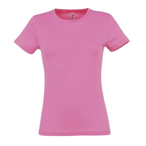 T-shirt with logo MISS women T-shirt with logo in 24 colors, with its fitted cut is extremely popular across the European market. Reinforced taped neck, modern fitted cut with sewn fit with side seam and slim collar. Fabric details: 150g/m² in 100% semi-combed ring spun cotton. OEKO-TEX. Depending on the surface we can use embroidery, engraving, 360° imprint or screen print.