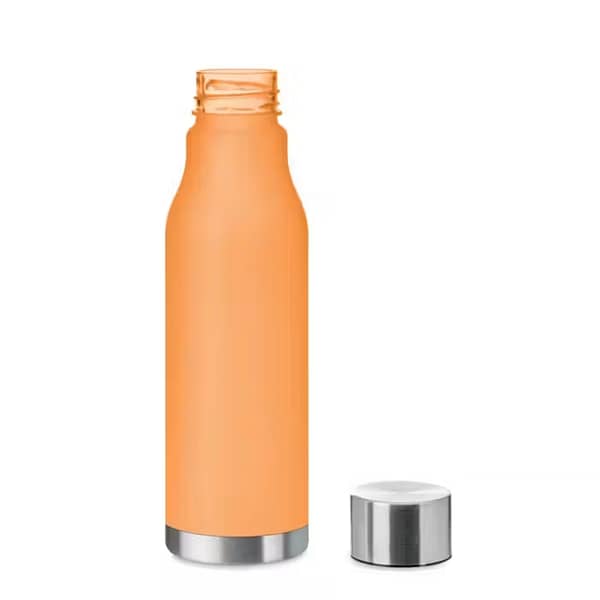 Water bottle with your logo in RPET with rubberized finish Stainless steel cap with inner RPET lid and silicone ring. BPA free. Leak-free. Capacity: 600 ml. Not suitable for carbonated drinks.