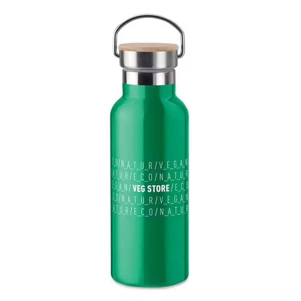 Water bottle with your logo Helsinki Water bottle with your logo double wall stainless steel insulating vacuum flask. Lid in bamboo and carry handle. Capacity: 500 ml. Sublimation print available on white item only. Leak free.