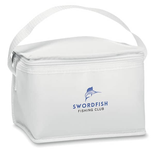 Cooler bag with logo for cans CUBACOOL Cooler bag with logo for 6 cans Made out of polyester with non woven white trimmings. 80gr/m². Isolation material: foam laminated with aluminium foil. Capacity 3L. Dimensions: 20X14X13CM Width: 14 cm Length: 20 cm Height: 13 cm Volume: 0.56 cdm3 Gross Weight: 0.041 kg Net Weight: 0.032 kg Depending on the surface we can use embroidery, engraving, 360° imprint or screen print.
