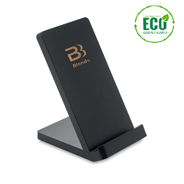 Wireless charger with logo WIRESTAND Wireless charger with logo, with double coil for 1 device in bamboo casing and with stand functionality. Place smartphone on it to begin charging. Output: DC5V/1A (5W). Compatible with latest Androids, iPhone® 8, X and newer. Bamboo is a natural product, there may be slight variations in color and size per item, which can affect the final decoration outcome. Available color: Black, Wood Dimensions: 7,1X8X11,4 CM Width: 8 cm Length: 7.1 cm Height: 11.4 cm Volume: 1.123 cdm3 Gross Weight: 0.18 kg Net Weight: 0.123 kg Depending on the surface we can use embroidery, engraving, 360° imprint or screen print.