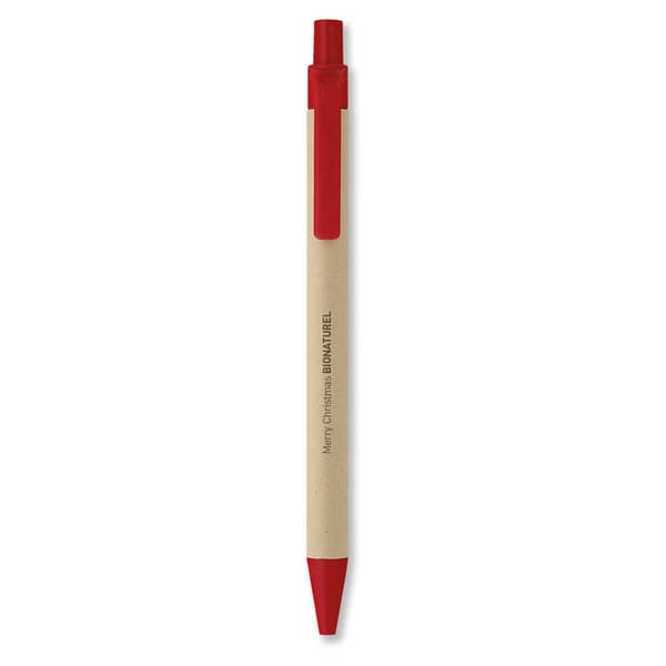 Pen with logo CARTOON Pen with logo with paper barrel and PLA parts. In 100% biodegradable corn. Blue ink. Available colors: Red, Blue, Black, White, Orange, Lime Dimensions: Ø1X14 CM Height: 14 cm Diameter: 1 cm Volume: 0.024 cdm3 Gross Weight: 0.007 kg Net Weight: 0.006 kg Depending on the surface we can use embroidery, engraving, 360° imprint or screen print.