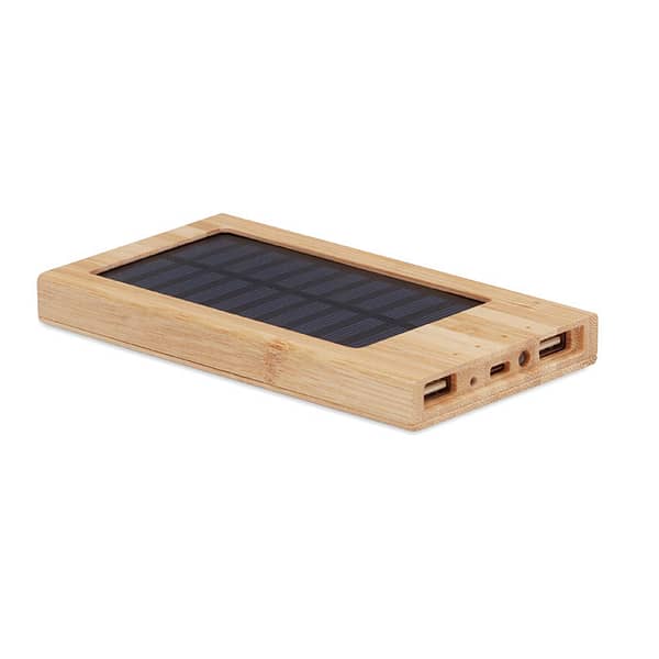 Powerbank with logo ARENA SOLAR Powerbank with logo with 4000 mAh in Bamboo case with solar panel. Capacity for smartphone use, 2 USB output DC5V/1A. Includes indicating light and USB cable with micro USB plug. Available color: Wood Dimensions: 14X7,9X1,4 CM Width: 7.9 cm Length: 14 cm Height: 1.4 cm Volume: 0.52 cdm3 Gross Weight: 0.192 kg Net Weight: 0.172 kg Depending on the surface we can use embroidery, engraving, 360° imprint or screen print.