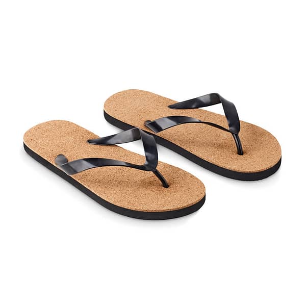 Beach gadget with logo beach slippers BOMBAI  Beach gadget with logo beach slippers with cork and EVA sole and PVC straps. Size M fits 36-39. Size L fits 40-43. Depending on the surface we can use embroidery, engraving, 360° imprint or screen print.