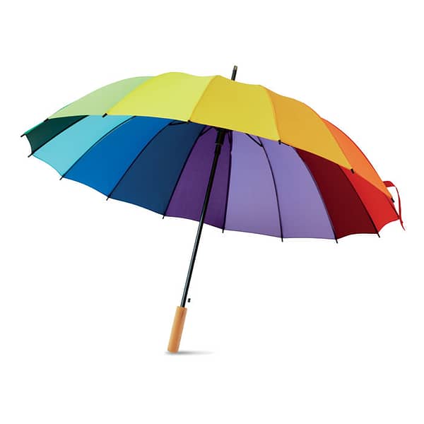 Gadget with logo Rainbow Umbrella Gadget with logo Rainbow Umbrella 27 inch rainbow in 190T Pongee, 16 panels. Auto open and with wooden shaft, fiber glass ribs, black plated metal tips and top. Depending on the surface we can use embroidery, engraving, 360° imprint or screenprint.