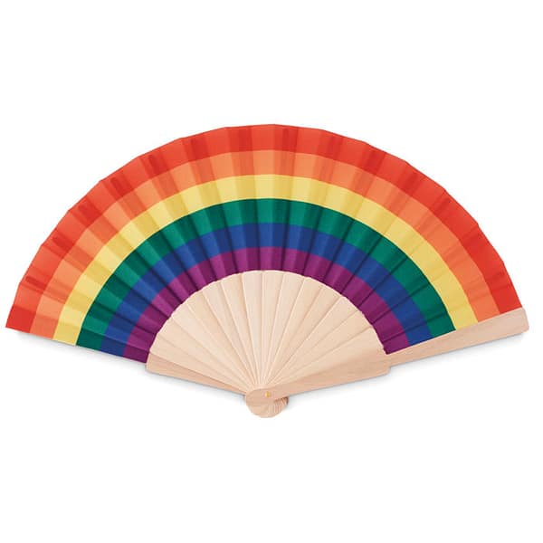 Gadget with logo hand fan BOWFAN Gadget with logo manual hand fan in wood and polyester fabric with rainbow pattern. Depending on the surface we can use embroidery, engraving, 360° imprint or screenprint.
