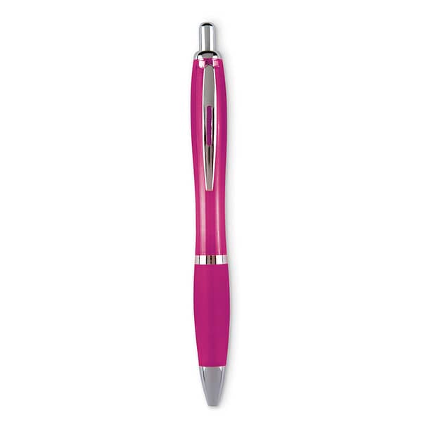 Pen with logo RIOCOLOUR Pen with logo with push button in ABS with soft grip. Comes with blue ink. Available color: Fuchsia, Black, White, Turquoise, Transparent Blue, Transparent Green, Transparent Red,                                                                                                                                      Transparent Orange, Transparent Violet Dimensions: Ø1,3X14 CM Height: 14 cm Diameter: 1.3 cm Volume: 0.033 cdm3 Gross Weight: 0.013 kg Net Weight: 0.011 kg Depending on the surface we can use embroidery, engraving, 360° imprint or screen print.