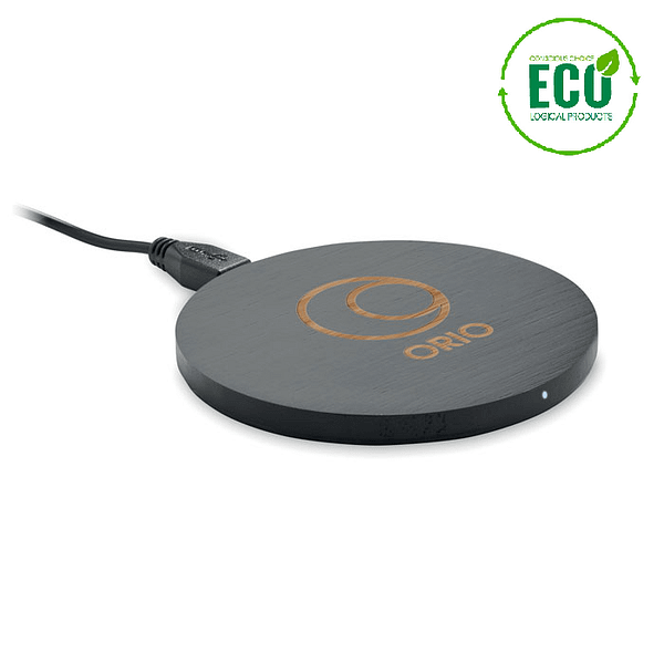 Wireless charger with logo RUNDO+ Wireless charger with logo in bamboo. Connect device to your computer, place smartphone on it and allow it to charge. Blue light lit when charging. Output: DC9V/1.1A (10W). Compatible with all QI enabled devices such as latest Androids, iPhone® 8 and newer. Available colors: Black, Wood Dimensions: Ø9X0,8 CM Height: 0.8 cm Diameter: 9 cm Volume: 0.267 cdm3 Gross Weight: 0.078 kg Net Weight: 0.057 kg Depending on the surface we can use embroidery, engraving, 360° imprint or screen print.