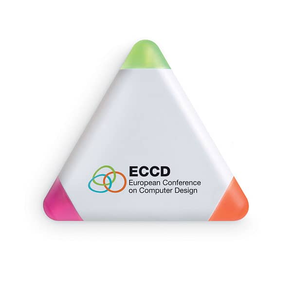 Highlighter with logo TRIANGULO Highlighter with logo, Triangular shape highlighter in ABS casing. 3 color ink: yellow, fuchsia and orange. Available color: White Dimensions: 7.5X7.5X1.3 CM Width: 7.5 cm Length: 7.5 cm Height: 1.3 cm Volume: 0.076 cdm3 Gross Weight: 0.018 kg Net Weight: 0.015 kg Depending on the surface we can use embroidery, engraving, 360° imprint or screen print.