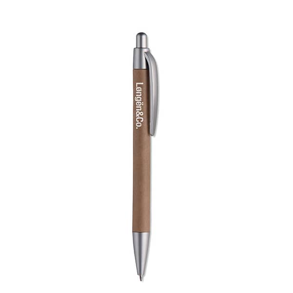 Pen with logo PUSHTON Pen with logo, push type ball pen with carton barrel and ABS fittings. Blue ink. Available color: Matt Silver Dimensions: Ø1X14 CM Height: 14 cm Diameter: 1 cm Volume: 0.024 cdm3 Gross Weight: 0.007 kg Net Weight: 0.005 kg Depending on the surface we can use embroidery, engraving, 360° imprint or screen print.