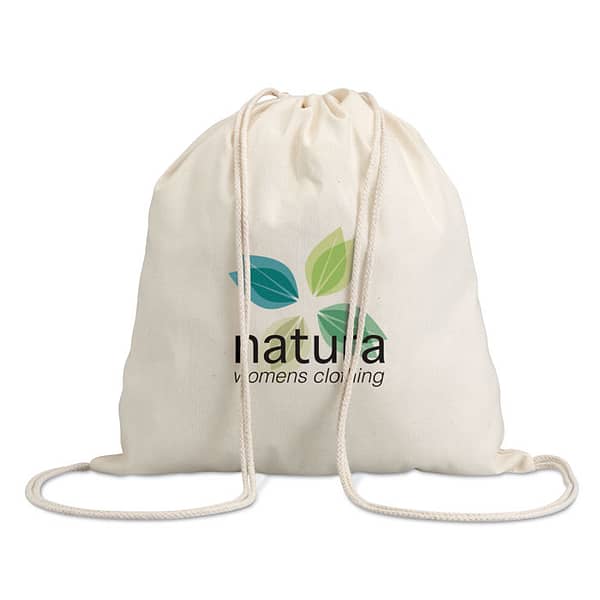 Drawstring bag with logo HUNDRED Drawstring bag with logo in 100% cotton. 100 gr/m². Produced under a certified standard for the use of harmful substances in textile. Available color: Beige Dimensions: 37X41CM Width: 41 cm Length: 37 cm Volume: 0.227 cdm3 Gross Weight: 0.052 kg Net Weight: 0.048 kg Depending on the surface we can use embroidery, engraving, 360° imprint or screen print.