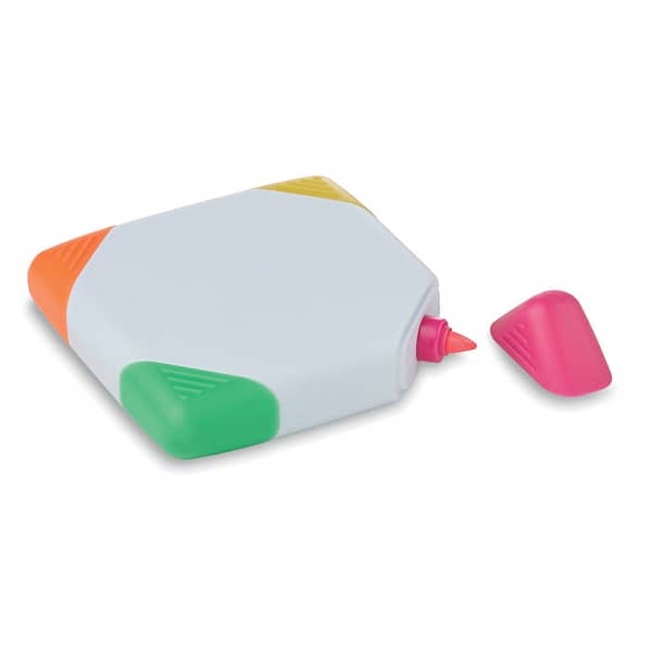 Highlighter with logo SQUARIE Highlighter with logo, Square shaped highlighter in ABS casing. 4 color ink: yellow, fuchsia, orange and green. Available color: White Dimensions: 8X8X1,8 CM Width: 8 cm Length: 8 cm Height: 1.8 cm Volume: 0.192 cdm3 Gross Weight: 0.049 kg Net Weight: 0.044 kg Depending on the surface we can use embroidery, engraving, 360° imprint or screen print.