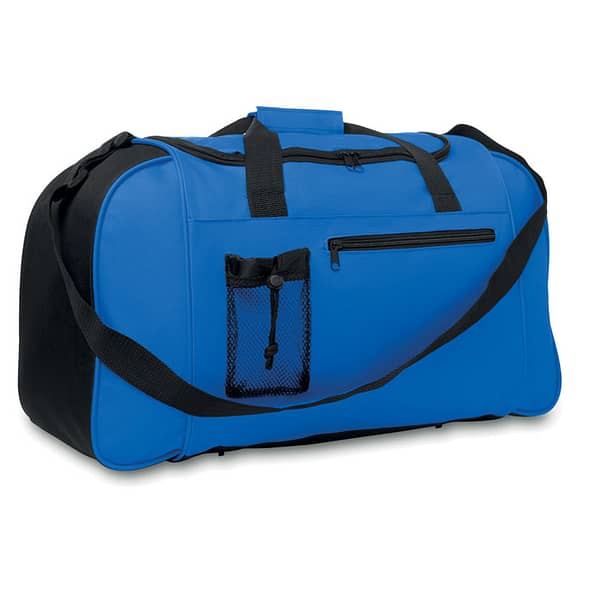 Sports bag with logo PARANA Sports bag with logo in 600D polyester Front pocket and adjustable and detachable shoulder strap. Available colors: Royal Blue, Black Dimensions: 57X24X35CM Width: 24 cm Length: 57 cm Height: 35 cm Volume: 5.267 cdm3 Gross Weight: 0.688 kg Net Weight: 0.568 kg Depending on the surface we can use embroidery, engraving, 360° imprint or screen print.