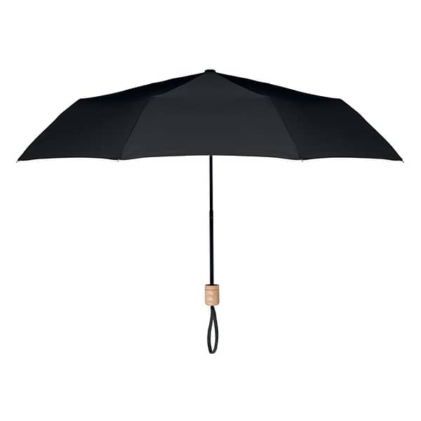 Gadget with logo umbrella TRALEE Gadget with logo foldable 21 inch umbrella, 3 sections with 190T RPET pongee fabric, black plated frame and ribs with wooden handle. Manual open and closure. Self material pouch. Available colors: Grey, Black, Blue, White, Royal Blue Dimensions: Ø99X51CM Height: 51 cm Diameter: 99 cm Volume: 0.695 cdm3 Gross Weight: 0.331 kg Net Weight: 0.305 kg Depending on the surface we can use embroidery, engraving, 360° imprint or screen print.