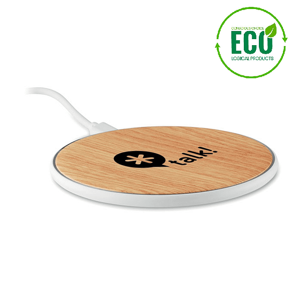 Wireless charger with logo TISPAD Wireless charger with logo in ABS with bamboo look on the top. Connect device to your computer, place smartphone on it and let it charge. Output: DC5V/1A(5W). Compatible latest androids, iPhone® 8, X and newer. Available color: White Dimensions: Ø10X0,7 CM Height: 0.7 cm Diameter: 10 cm Volume: 0.306 cdm3 Gross Weight: 0.082 kg Net Weight: 0.06 kg Depending on the surface we can use embroidery, engraving, 360° imprint or screen print.