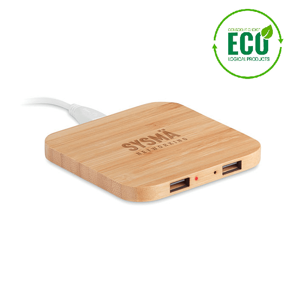 Wireless charger with logo CUADRO Wireless charger with logo with 2 USB port 2.0 hubs in bamboo. Output DC5V/1A(5W). Compatible latest androids, Iphone ®8, X and newer. Bamboo is a natural product, there may be slight variations in color and size per item, which can affect the final decoration outcome. Available color: Wood Dimensions: 9X9X0,8 CM Width: 9 cm Length: 9 cm Height: 0.8 cm Volume: 0.278 cdm3 Gross Weight: 0.088 kg Net Weight: 0.057 kg Depending on the surface we can use embroidery, engraving, 360° imprint or screen print.