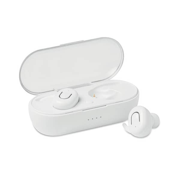 Audio gadgets with logo earbuds TWINS Audio gadget with logo, Set of 2 Bluetooth earbuds 5.0 with 45 mAh battery build-in. Playing time approx. 3 hours. Including a micro USB charging cable. Presented in box which also acts as a charging station with rechargeable Li-ion 250 mAh battery. Available colors: White, Black Dimensions: 9X4,1X3,1 CM Width: 4.1 cm Length: 9 cm Height: 3.1 cm Volume: 0.338 cdm3 Gross Weight: 0.076 kg Net Weight: 0.056 kg Depending on the surface we can use embroidery, engraving, 360° imprint or screen print.