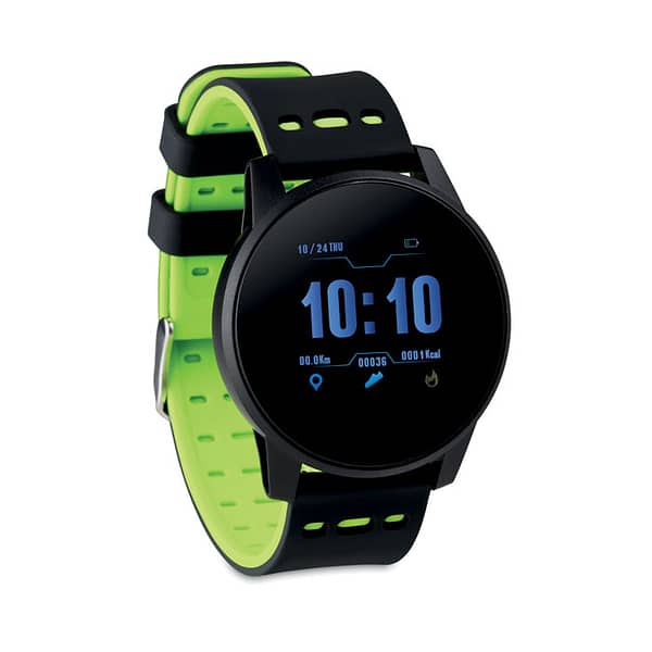 Gadget with logo smartwatch TRAIN WATCH Gadget with logo, Bluetooth low-energy sports smartwatch 4.0 with silicone strap. Rechargeable Li-Pol 180 mAh battery. IPX7 waterproof. Requires a free app (wear fit available in both iOS and Android.) Available colors: Lime, Black, Grey Dimensions: 26,5X4,4X1,2 CM Width: 4.4 cm Length: 26.5 cm Height: 1.2 cm Volume: 0.66 cdm3 Gross Weight: 0.14 kg Net Weight: 0.055 kg Depending on the surface we can use embroidery, engraving, 360° imprint or screen print.