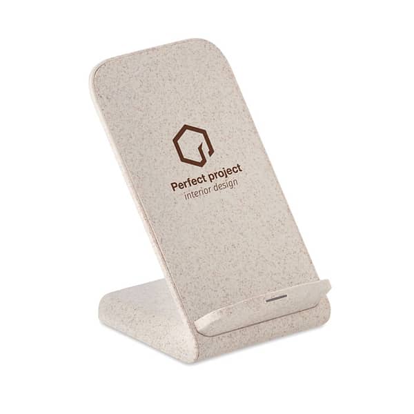 Wireless charger with logo stand LAYABACK Wireless charger with logo, double coil stand. 35% wheat straw and 65% ABS. Place smartphone on it to begin charging. Output: DC5V/2A (10W) for quick charging. Compatible with latest Androids, iPhone® 8, X and newer. Available color: Beige Dimensions: 6,5X8,5X11 CM Width: 8.5 cm Length: 6.5 cm Height: 11 cm Volume: 0.975 cdm3 Gross Weight: 0.143 kg Net Weight: 0.096 kg Depending on the surface we can use embroidery, engraving, 360° imprint or screen print.