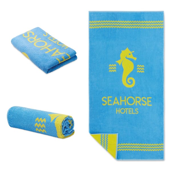 Beach gadget with logo Towel MT4006 Beach gadget with logo yarn dyed jacquard towels are made by weaving 2 colored yarns (100% cotton) to create a bespoke design. The backside of the towel looks like a negative of the front side. Depending on the surface we can use embroidery, engraving, 360° imprint or screen print.