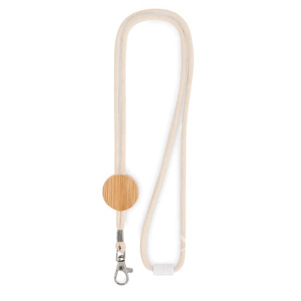 Cotton cord lanyard with bamboo Cotton cord lanyard with round bamboo detail, metal hook and safety breakaway. Length: 50 cm. Bamboo is a natural product, there may be slight variations in colour and size per item. Magnus Business Gifts is your partner for merchandising, gadgets or unique business gifts since 1967. Certified with Ecovadis gold!