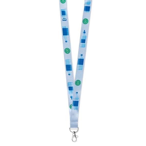 RPET sublimation lanyard Made in the EU: fine recycled polyester (RPET) lanyard with a metal carabiner. The ca. 90cm ribbons are printed with a full colour sublimation for all unique designs and photographic images; printed on one or two sides.Â  The lanyard is cut to size after printing and the positioning of the logo on the reverse of the item may be different per lanyard. It is therefore recommended to use repeated, non-positioned designs for the reverse side. Magnus Business Gifts is your partner for merchandising, gadgets or unique business gifts since 1967. Certified with Ecovadis gold!