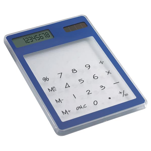 Gadget with logo solar calculator CLEARAL Gadget with logo solar calculator with logo 8 digit and transparent shell. With touch screen. Powered by solar panel in ABS housing. Depending on the surface we can use embroidery, engraving, 360° imprint or screen print.
