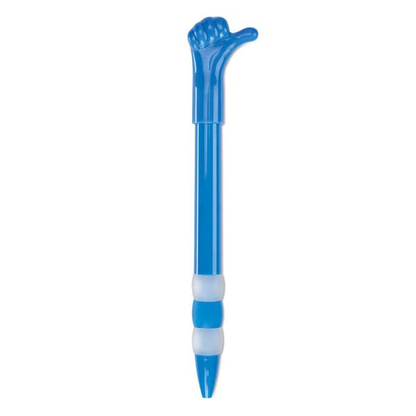 Pen with logo HELLO Pen with logo, featuring a hand shape push button. Blue ink. Available color: Blue Depending on the surface we can use embroidery, engraving, 360° imprint or screen print.