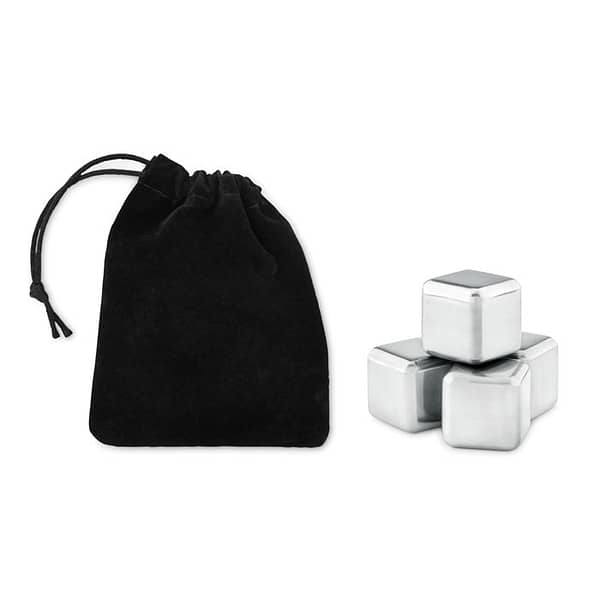 Gadget with logo ice cubes ICY Set of 4 reusable stainless steel ice cubes in velvet pouch. Available color: Black Dimensions: 6X8X2CM Width: 8 cm Length: 6 cm Height: 2 cm Volume: 0.179 cdm3 Gross Weight: 0.128 kg Net Weight: 0.12 kg Magnus Business Gifts is your partner for merchandising, gadgets or unique business gifts since 1967. Certified with Ecovadis gold!